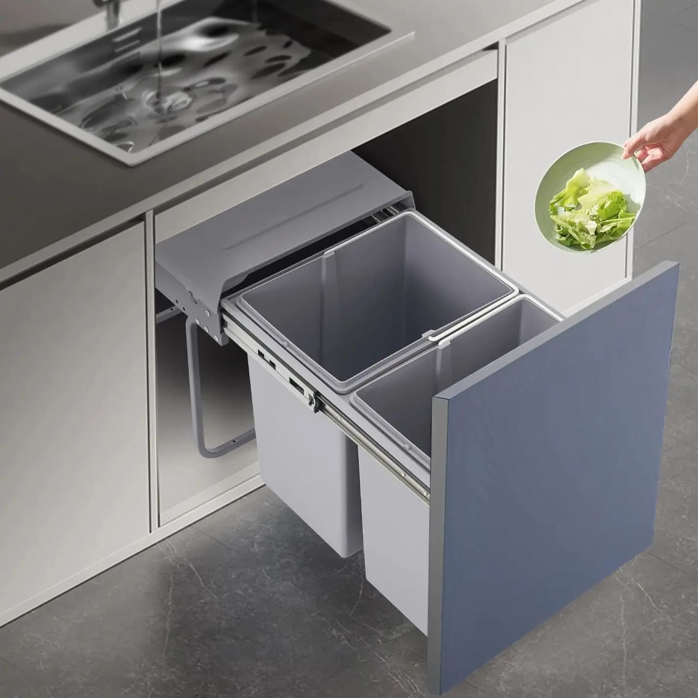 Cestino per Rifiuti Doppio Estraibile 40L, Bidone Scorrevole per Riciclo Cucina 20L+20L, Contenitore per Rifiuti Domestici, Ristoranti e Uffici
