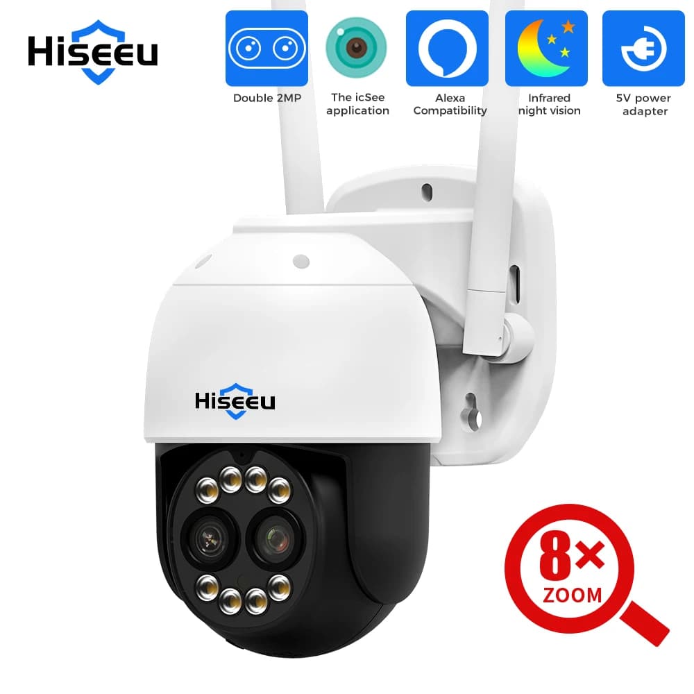Telecamera IP WiFi PTZ Hiseeu 4MP con Doppia Lente, Zoom 8X, Audio Bidirezionale, Rilevamento Umano, Videosorveglianza Esterna HD 5V