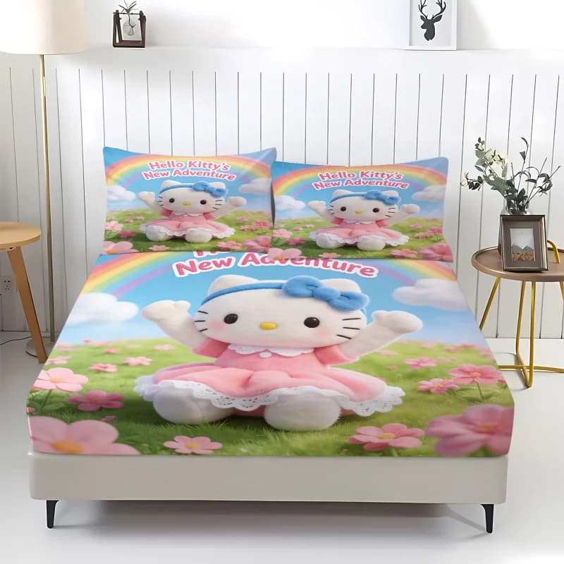 Set di lenzuola con angoli Hello Kitty Sanrio, lenzuolo con disegni di cartoni animati, copripiumino morbido per cameretta di bambine e ragazze