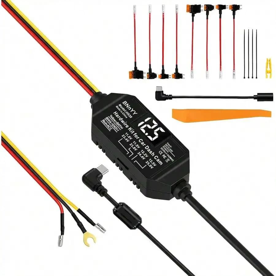 USB-C Hardwire Kit For Dash Cam With Acc Detection, 4-Level Adjustable Low Voltage Protection & Automatic LED Voltmeter, 3-Lead
