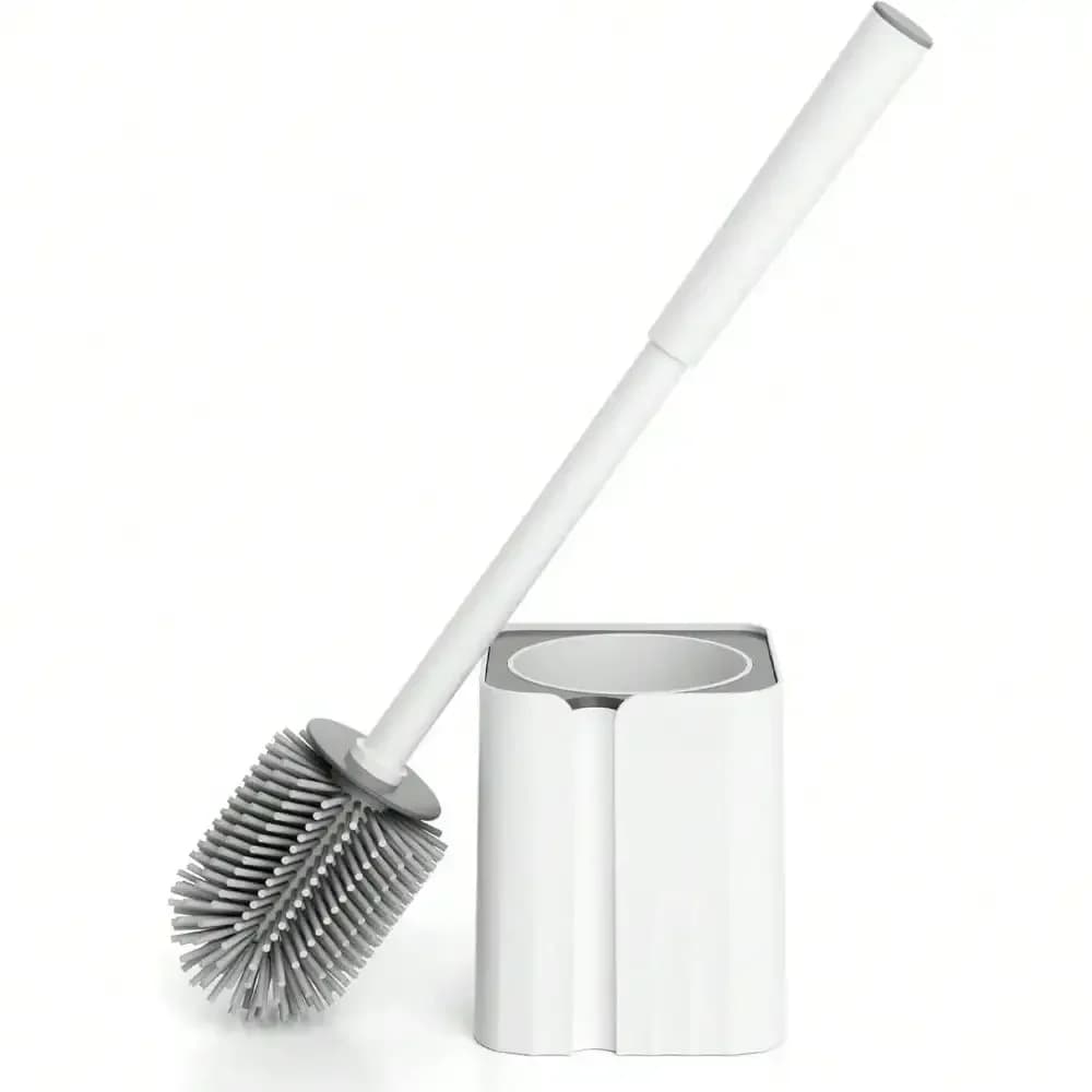 2026 Silicone Toilet Brush And Holder Set Durable Bristles Compact Size Wall Mountable Drip Proof Deep Cleaning For Bathroom White