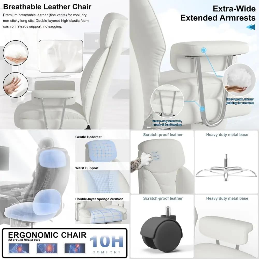 Sedia da Ufficio Ergonomica con Braccioli Imbottiti, Poggiapiedi e Supporto Lombare per Persone Alte e Robuste, Sedia da Computer Bianca Resistente