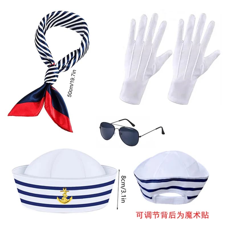Nautical Sailor Hat Blue White Striped Captain Cap with Scarf Set for Yacht Holiday Party Dress Up