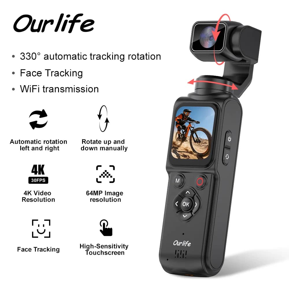 Ourlife Videocamera d'Azione 4K 330 ° Stabilizzatore Gimbal con Tracciamento del Viso, Schermo Touch da 1,72 Pollici, Fotocamera Digitale Tascabile da 64MP, Videocamera Sportiva WiFi
