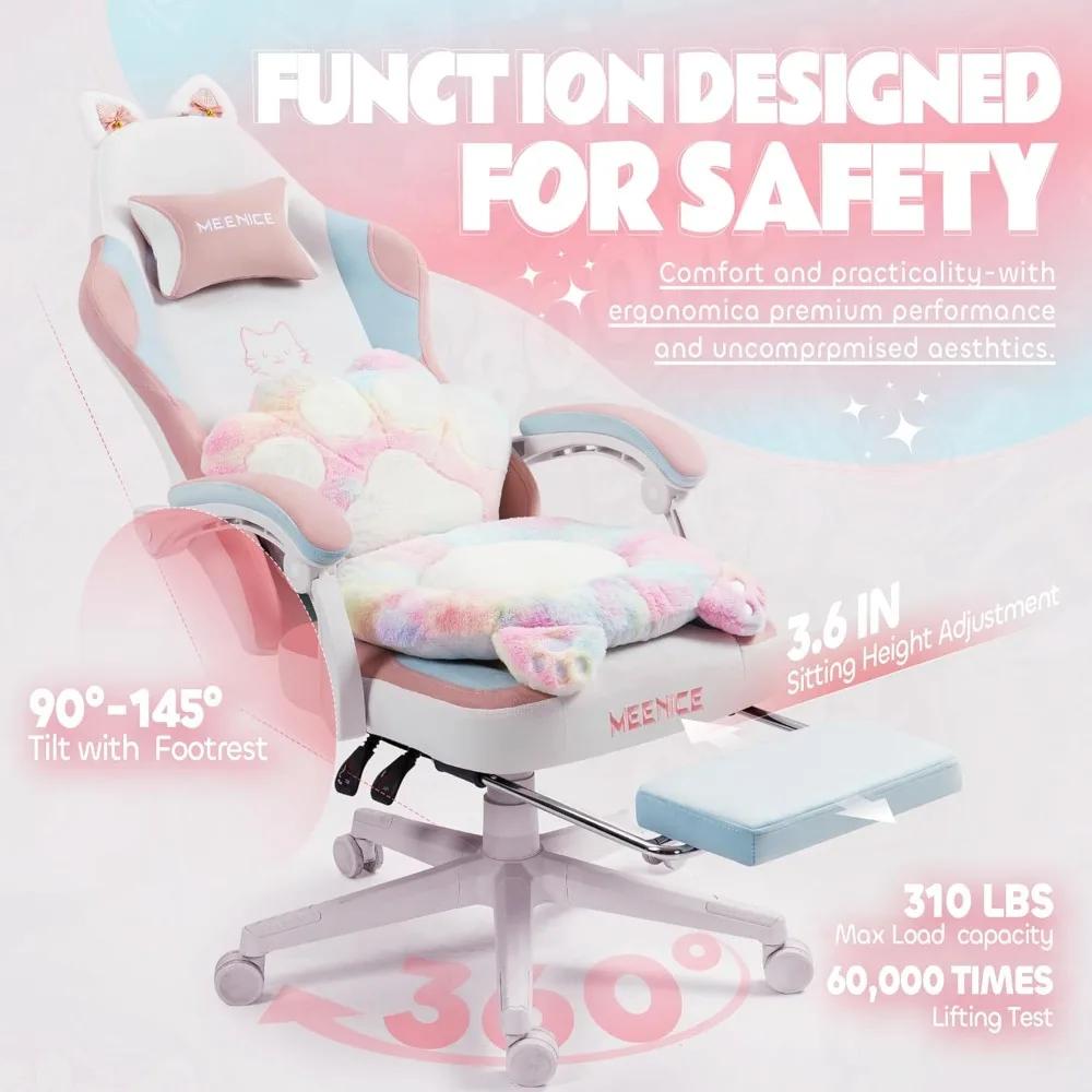 Cute gaming chair with cat's ears lumbar leg and pillow, ergonomic computer chair with footrest, play chair for girl's reclining PC