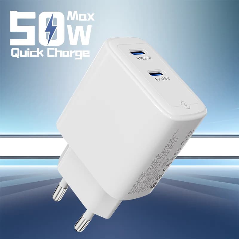Caricatore rapido USB-C a doppia porta da 50 W PD+QC Cubo di ricarica compatibile con iPhone 15, 16 Pro Max, XS, iPad, tablet smartphone Samsung