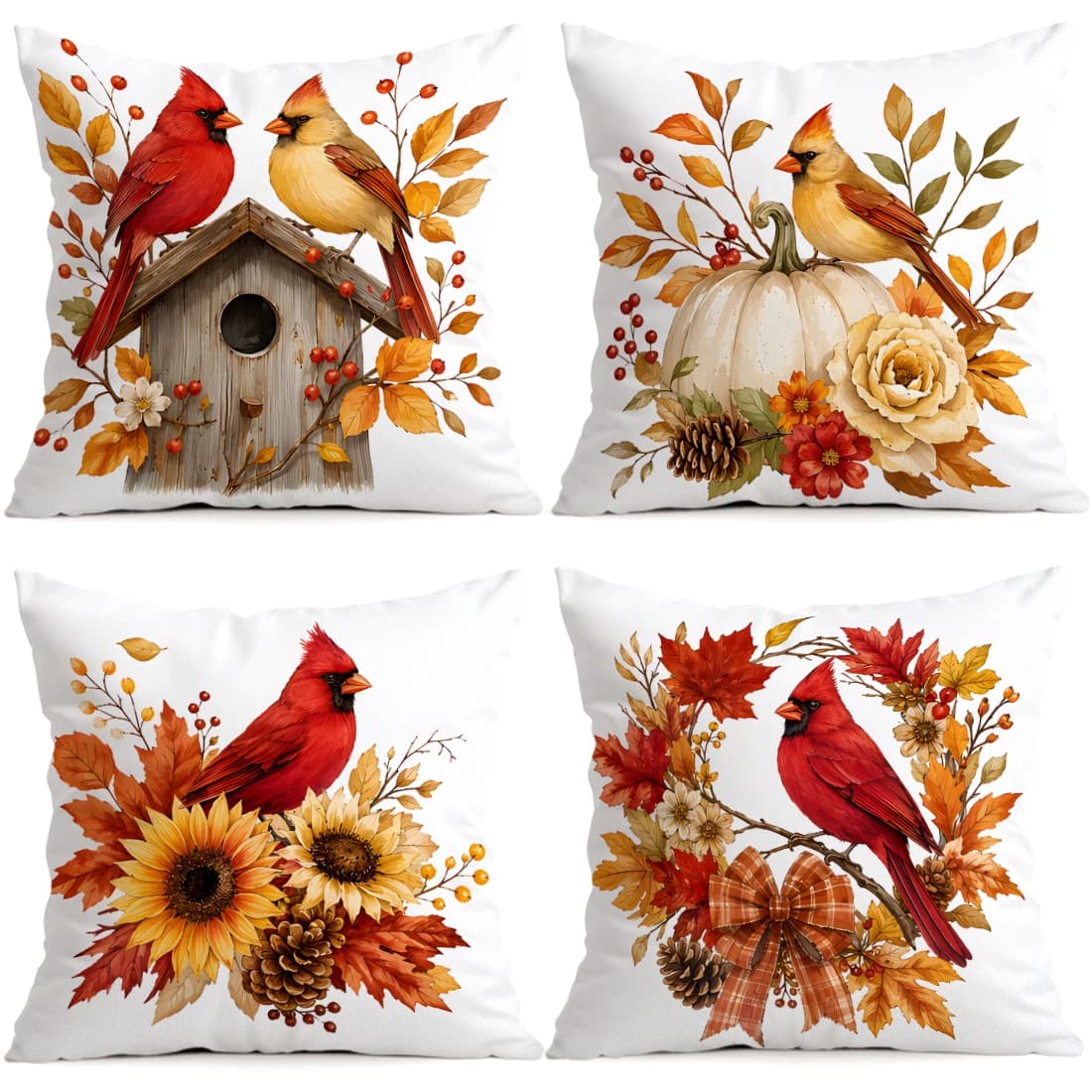 1pcs/4pcs Cardinal Autumn Floral Cushions Pillowcase Polyester Cushion Cover Throw Pillow Pillowcover Home Car Sofa Decor