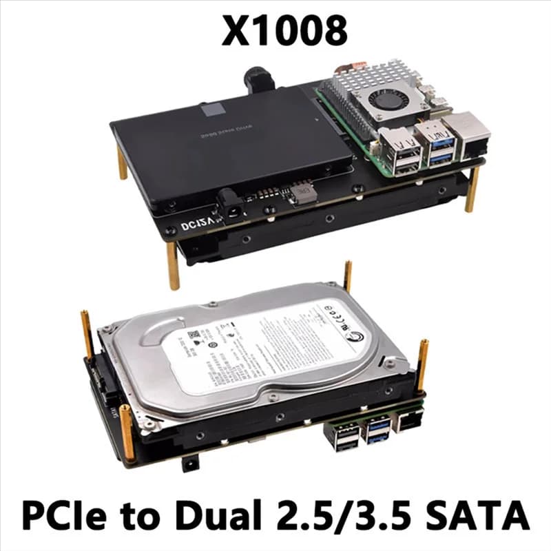 X1008 SATA 2.5"/ HDD Pcie SSD + 3.5" SATA HDD shielding for Raspberry Pi 5 DO NOT support HDD/SSD-B51B headset