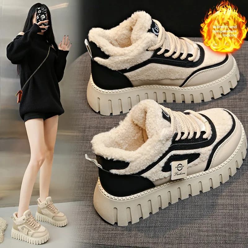 Nuove scarpe invernali in cotone caldo da donna in pelliccia di peluche suola spessa sneakers casual stringate da donna scarpe da corsa comode piatte da esterno