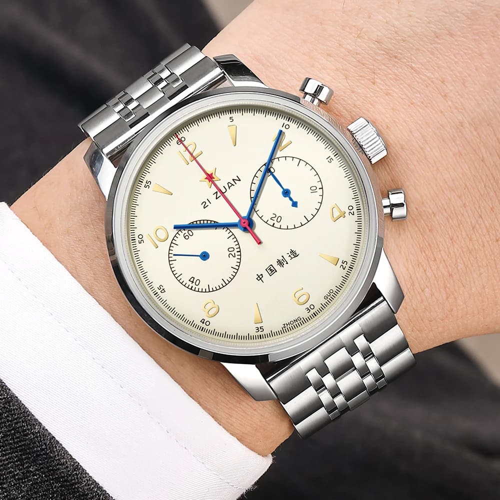Men's Watch SEAKOSS 42mm 1963 Mechanical Chronograph, Model Pilot with Stainless Steel Strap, Movement ST1901 with Knife and Sapphire Glass