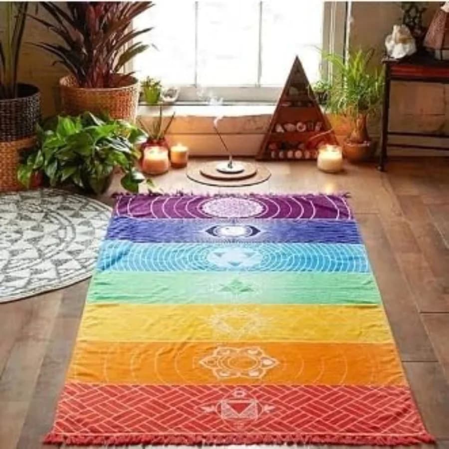 Tappetino Yoga Chakra Arcobaleno, Sciarpa Parasole Hippie Boho Gypsy