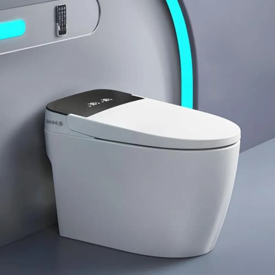 Smart toilet for bathroom use, ceramic material, white color, features auto open/close lid and seat, warm water wash, air dry,