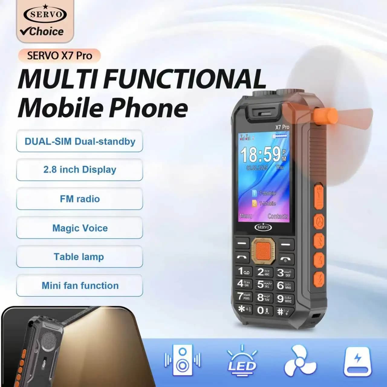 SERVO X7 PRO Telefono Cellulare con Mini Ventilatore, Registrazione Chiamate, Voce Magica, FM, Dual SIM, Power Bank e Lampada da Tavolo 3 in 1