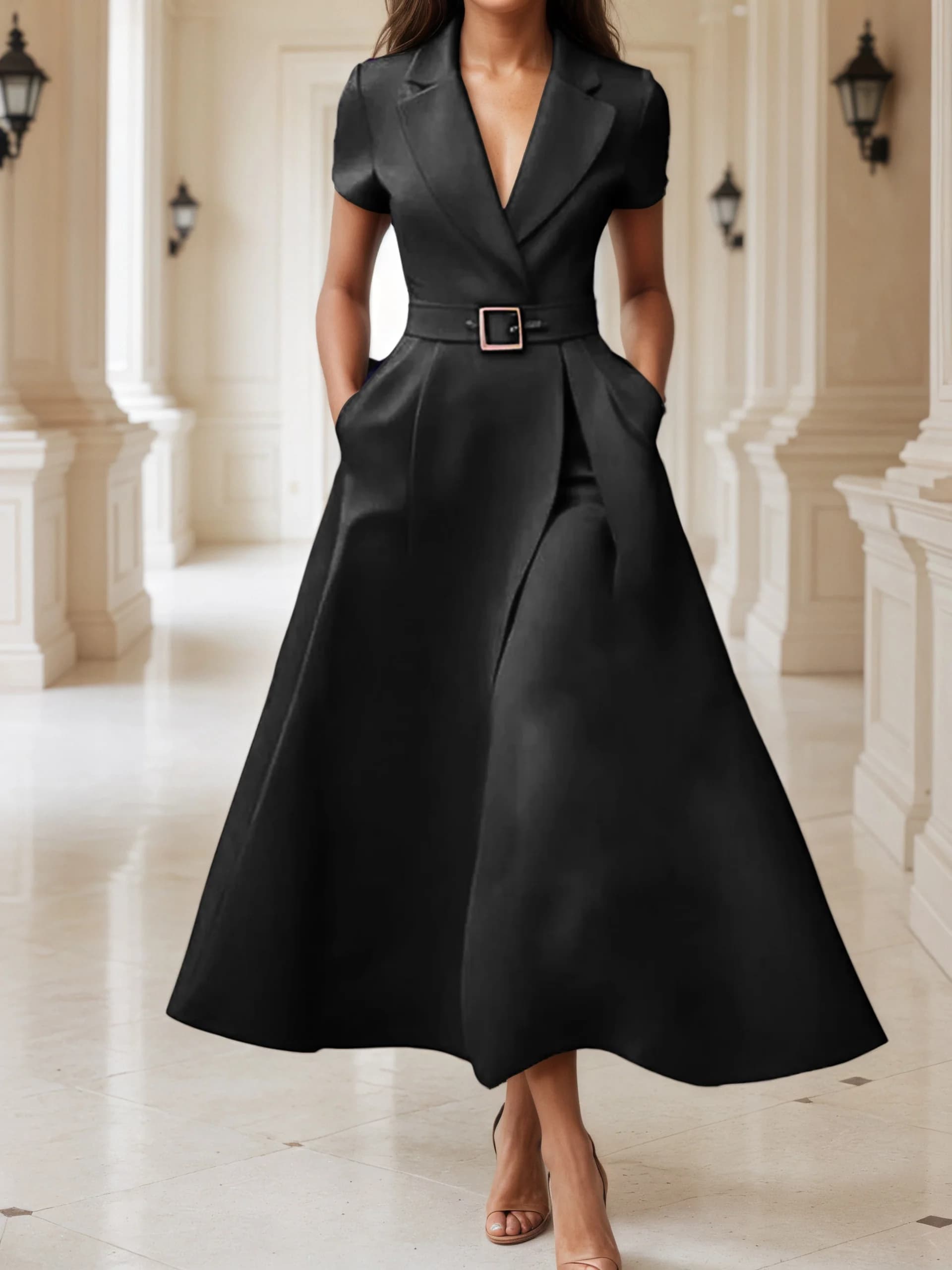 Elegante abito da donna nero Office Lady Temperamento Manica corta A-Line Abito lungo Donna Midi Party Abiti Robe con cintura