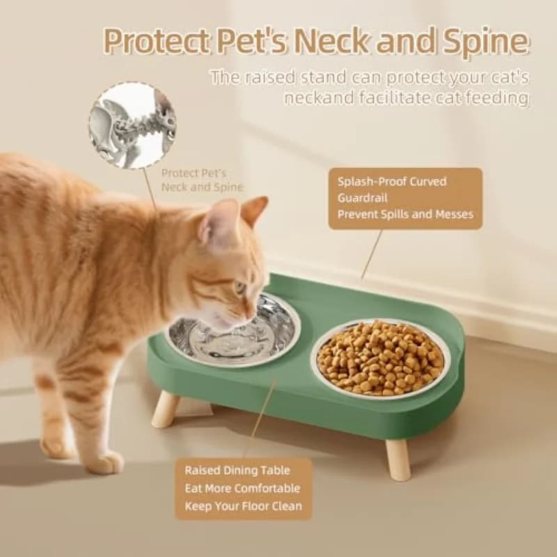 Ciotola doppia in acciaio inossidabile per animali domestici, con protezione per il collo di cani e gatti, integrata per acqua e cibo.