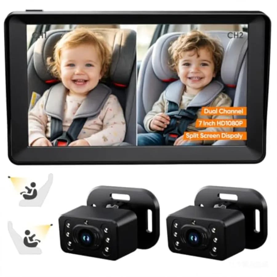 Car baby monitor for 2 kids: 7 HD 1080P split screen with dual backseat cameras, 150 wide angle, 360 rotation, infrared night v