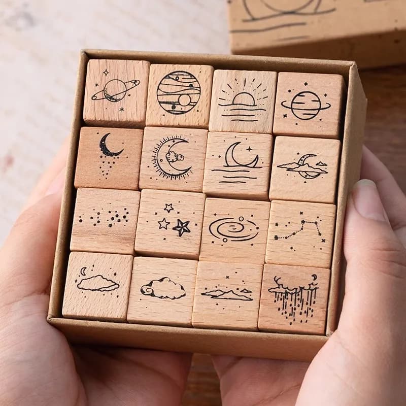 JIANQI16 pcs Moon Planet Star Weather Wooden Rubber Stamp Scrapbooking Deco DIY Craft Standard Wooden Stamps Set
