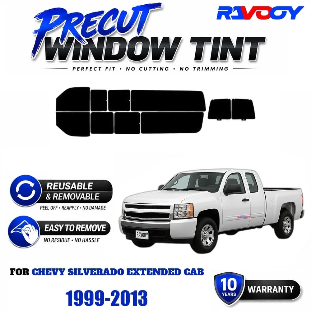 Precut Window Tint, Reusable Removable EPU Film, Custom Fit for Chevy Silverado Extended Cab 1999-2013, UV Heat Protection