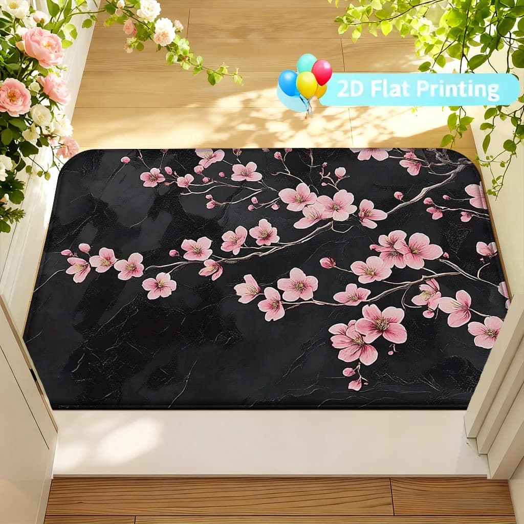 Tappetino d'ingresso piatto 2D con stampa di fiori di ciliegio rosa | Morbido flanella in poliestere, antiscivolo, lavabile in lavatrice, pieghevole, adatto per il bagno