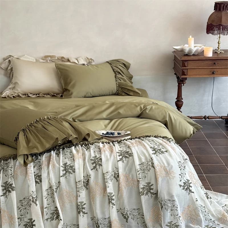 Set biancheria da letto principessa con volant in pizzo francese romantico 600TC Copripiumino in cotone egiziano Federe lenzuolo piatto/con angoli 4 pezzi