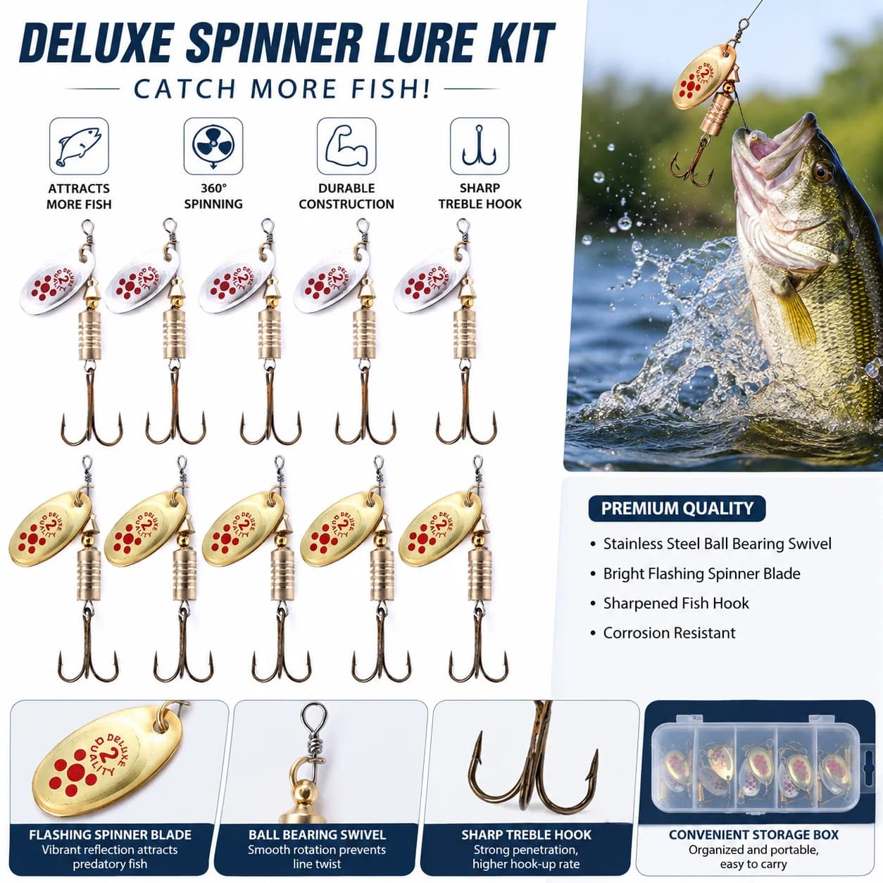 10Pcs Fishing Spinner Lures Kit with Tackle Box Sharp Treble Hooks 360° Swivel Baits for Bass Trout Pike Walleye Freshwater Gear