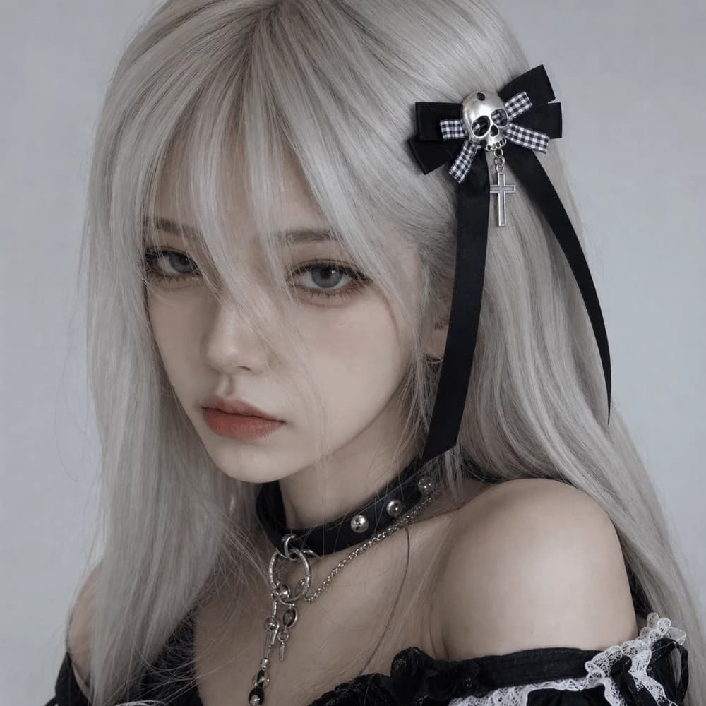 Y2K Bow Skull Side Clip Cross Decorative Black and White Check Ponytail Braid Hair Clip Flounce Lace Hair Accessories Halloween