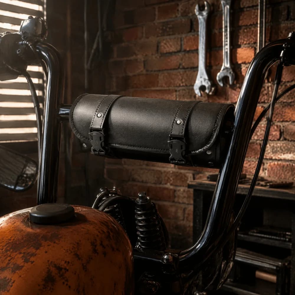 Adjustable Straps Motorcycle Tool Bag PU Leather Waterproof Fork Bag Saddlebag Roll Pouch Bag For Storing Gloves Sunglasses