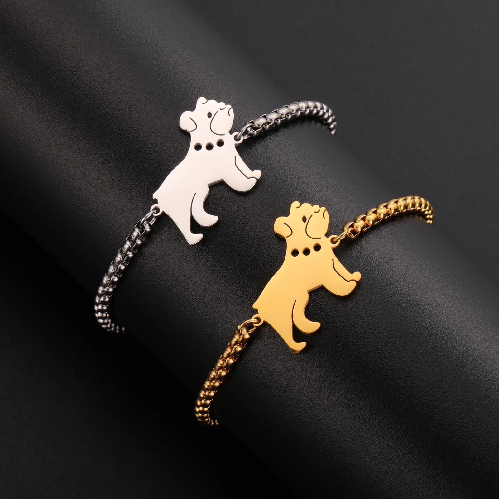 Braccialetto con ciondoli Bulldog gioielli in acciaio inossidabile per donna bambini moda braccialetto per animali domestici carino regalo di compleanno catena con scatola di corda di cera