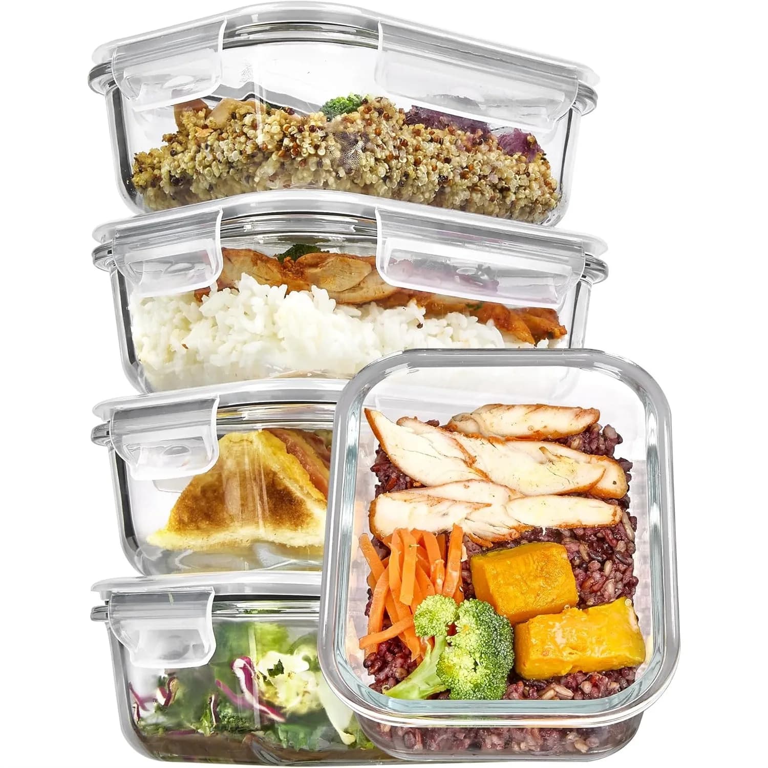 Set di 5 Contenitori in Vetro da 22oz con Coperchi Ermetici a Scatto per Preparazione Pasti, Microonde, Forno, Congelatore, Lavabili in Lavastoviglie, Grigio