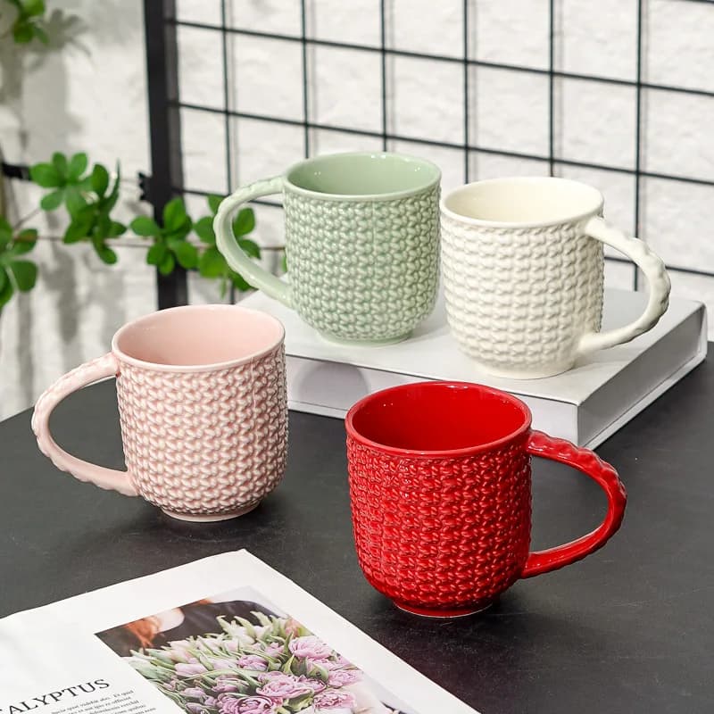 Modern knitted plaid ceramic coffee cup solid color sweater pattern ceramic tea cup modern breakfast milk mug couple's water cup