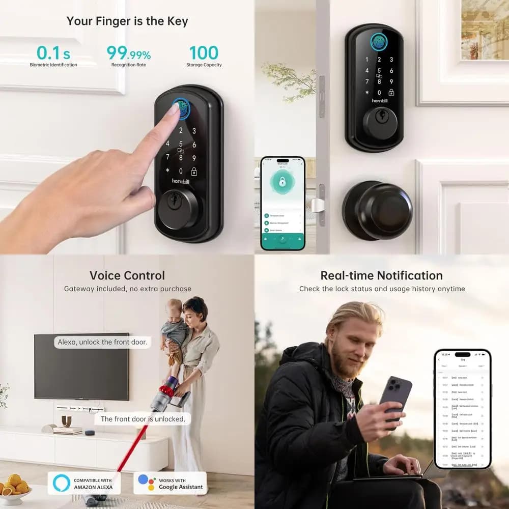 Serratura per Porta con Impronta Digitale e Maniglia, Bluetooth Smart, Funzione di Blocco Automatico per Sicurezza Casa e Hotel, Nero