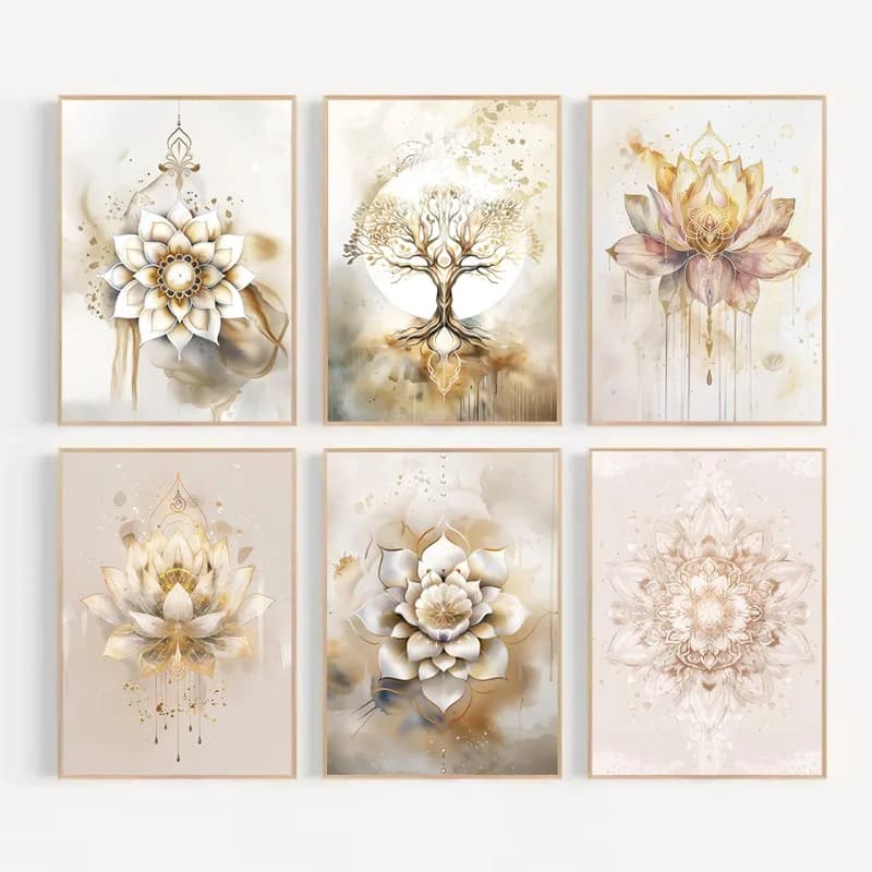 (No frame)Watercolor Tree of life Lotus Mandala Mindfulness & Meditation Spiritual Zen Poster Wall Art Pictures Canvas Painti