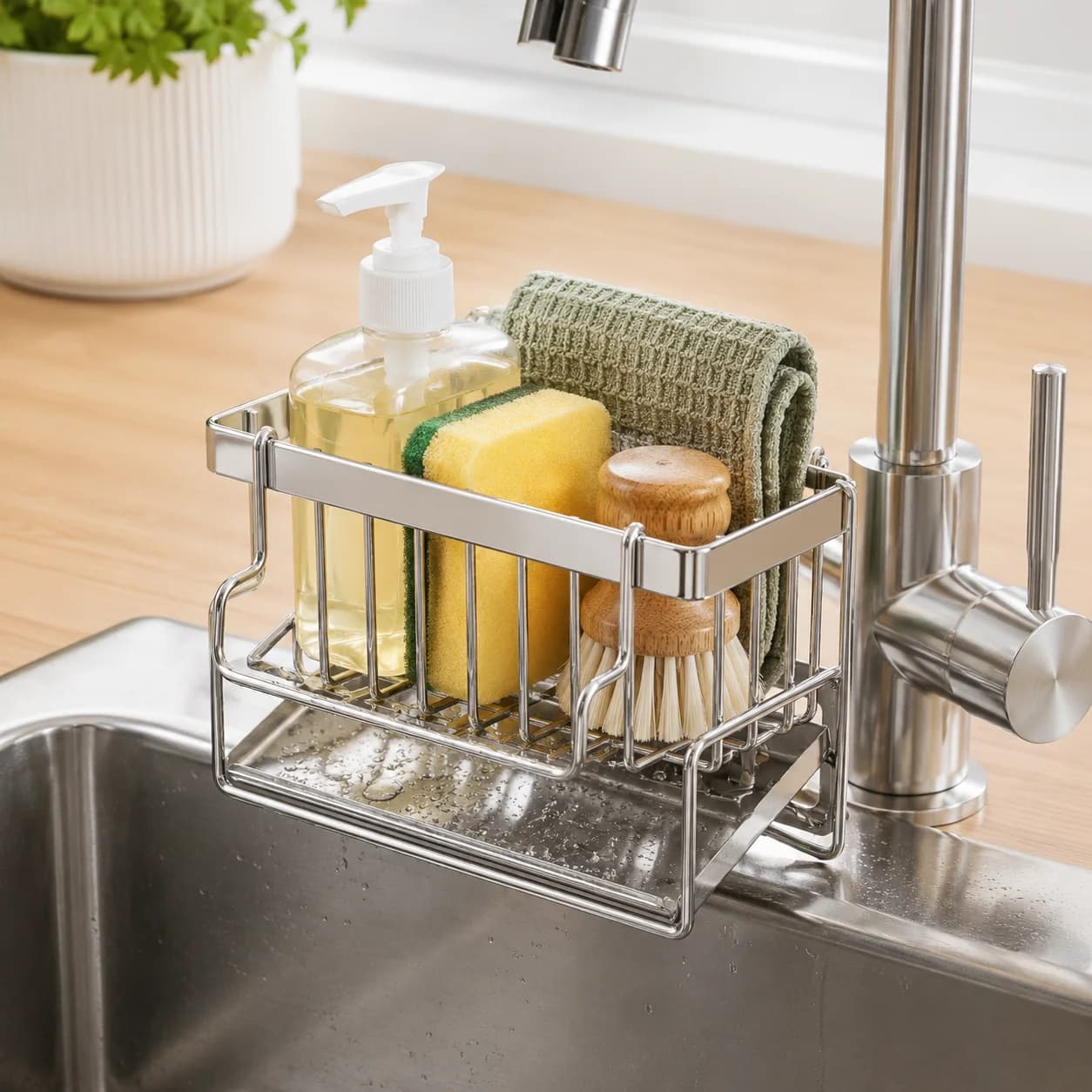 23cm Stainless Steel Sink Sponge Holder Faucet Storage Rack No Drill Kitchen Dishcloth Drainer Tray Towel Bar Organizer Shelf