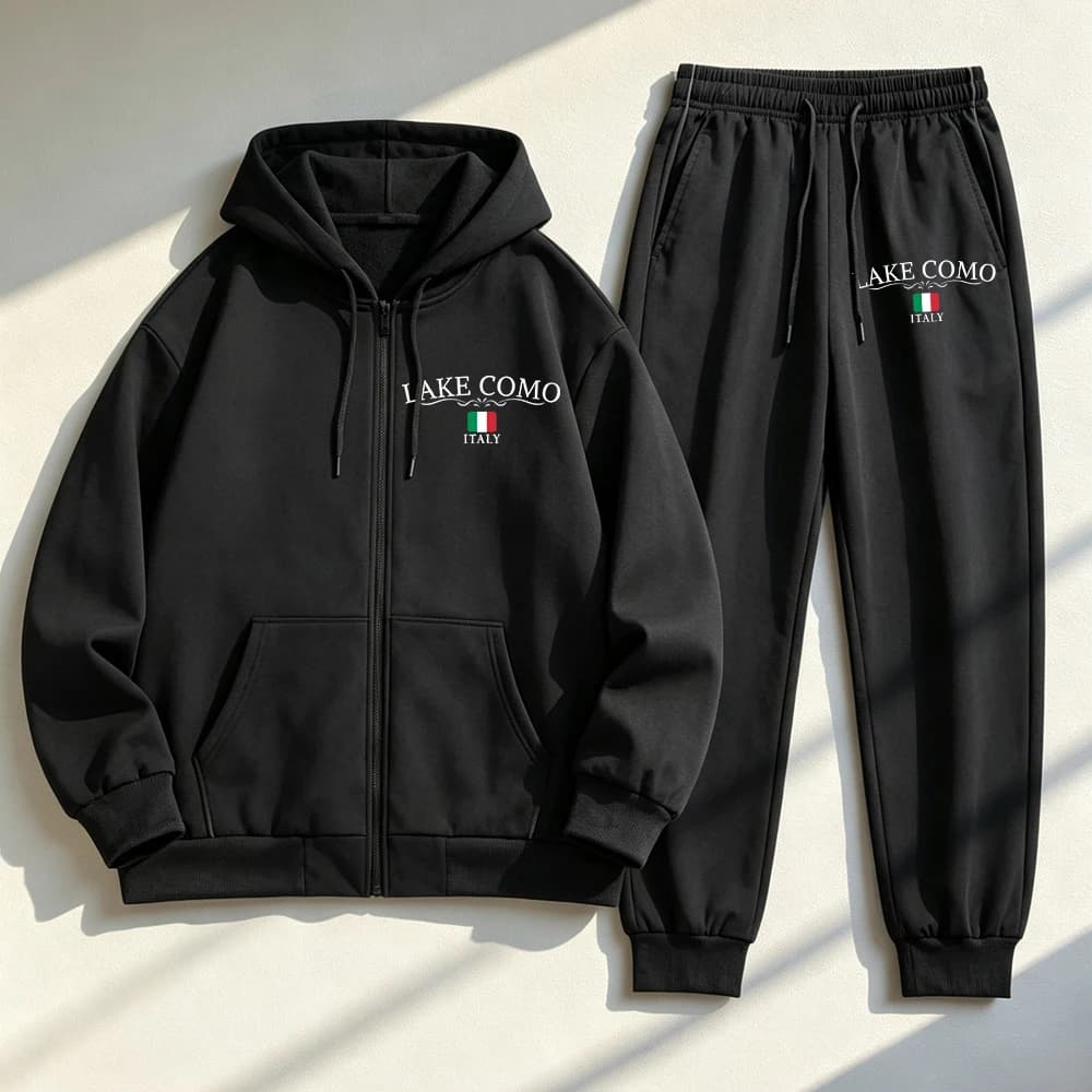 2Pcs Zipper Hoodie Set Women Lake Como Italy Prints Sweatpantswinter Oversized Fleece Warm Sweatshirt Pants Basic Pocket Clothes