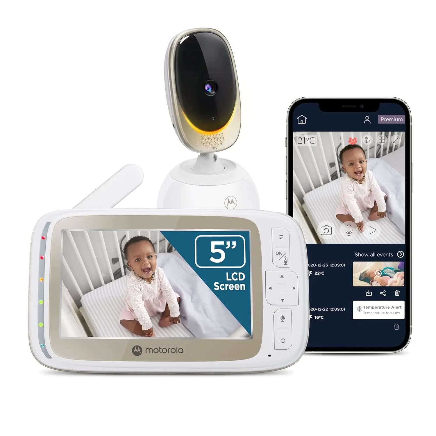 Baby Monitor WiFi con Telecamera HD, Schermo da 5 Pollici, Funzione Pan-Tilt-Zoom, Accesso tramite App, Visione Notturna e Avvisi