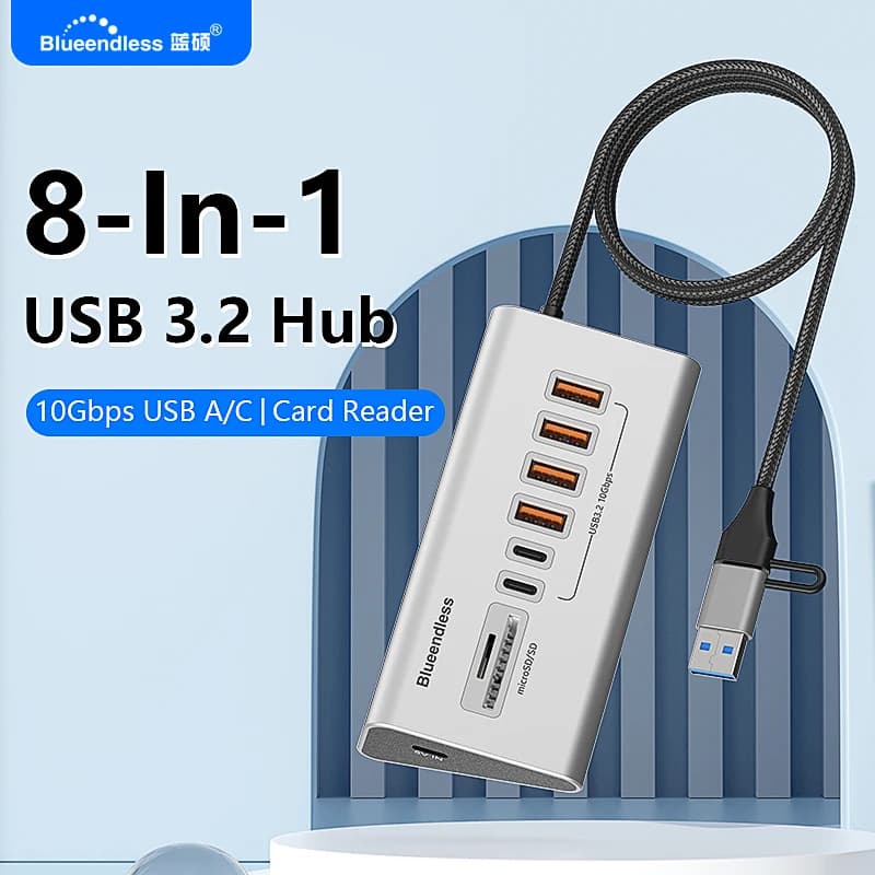 Blueendless HUB USB3.2 Gen2 da 10 Gbps in alluminio con lettore di schede TF/SD USB-C/USB A Hub 5 in 1 8 in 1 per PC Computer portatile macbook