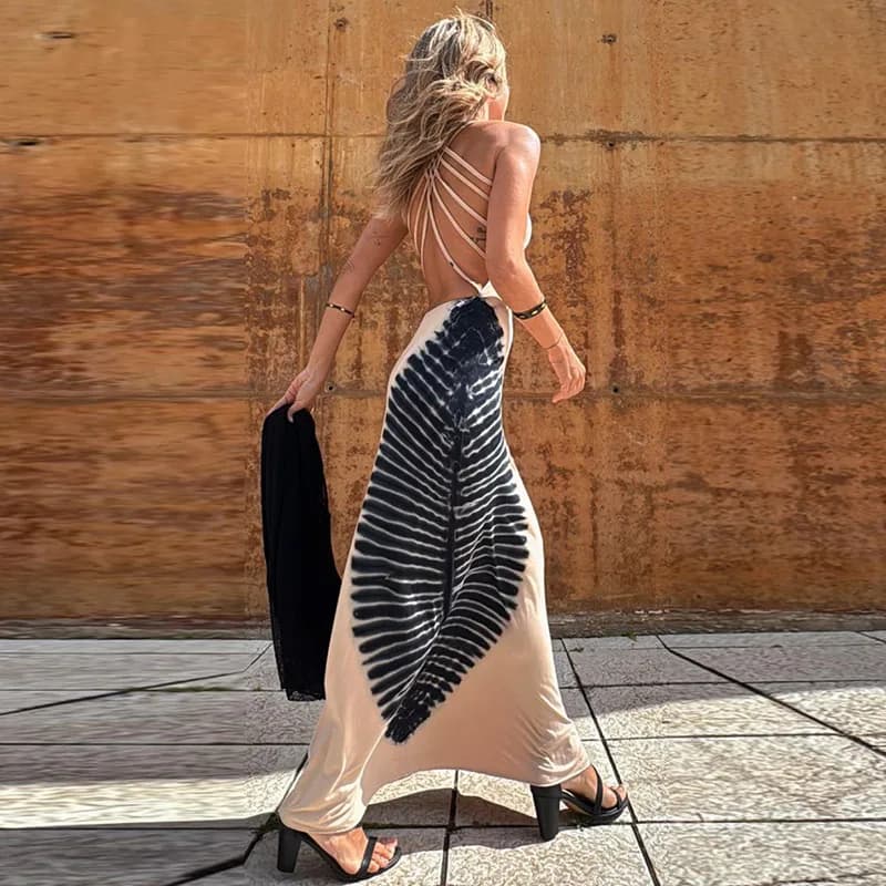 Elegante Abito Lungo da Donna con Scollo a U, Senza Maniche, Slim Fit, Sexy, con Schiena Scoperta e Stampa Fantasia, Modello Sling con Dettagli Cut-out, Ideale per Feste