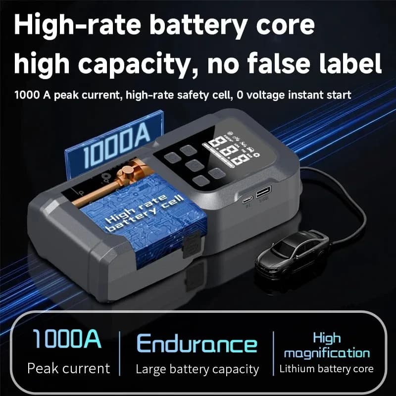 Avviatore di Emergenza 2-in-1 1000A e Pompa d'Aria a 22 Cilindri, Avviatore Portatile con Display Digitale e Uscita USB