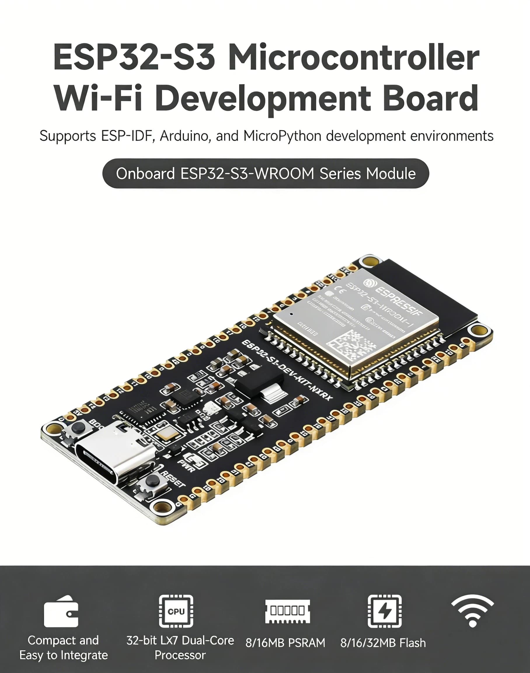 ESP32-S3 Dev Board: 240MHz Dual-Core, WiFi/BT5, 8+8MB Chip-on-Chip, ESP-WROOM-1, Arduino/MicroPython/IDF!