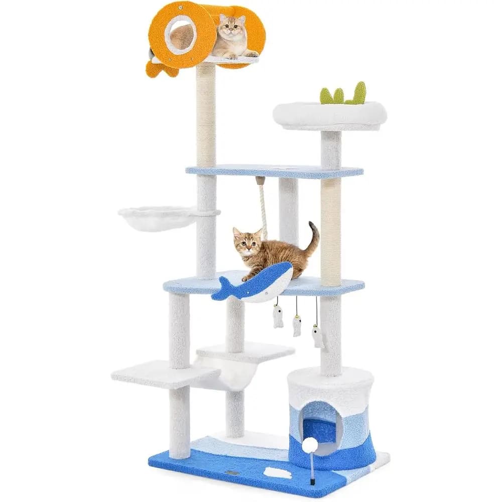 Torre per Gatti a 3 Livelli Ispirata all'Oceano con Pali in Sisal, Cuccia, Posatoio, Amaca, Giocattoli e Palla a Molla per Gatti da Interno (66 Pollici)