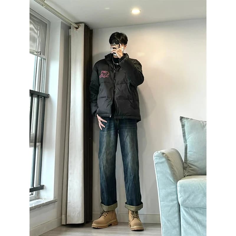 Jeans American High Street con effetto sfumato, pantaloni a gamba dritta con orlo allungato da uomo, pantaloni abbinabili a stivali, tendenza giovanile
