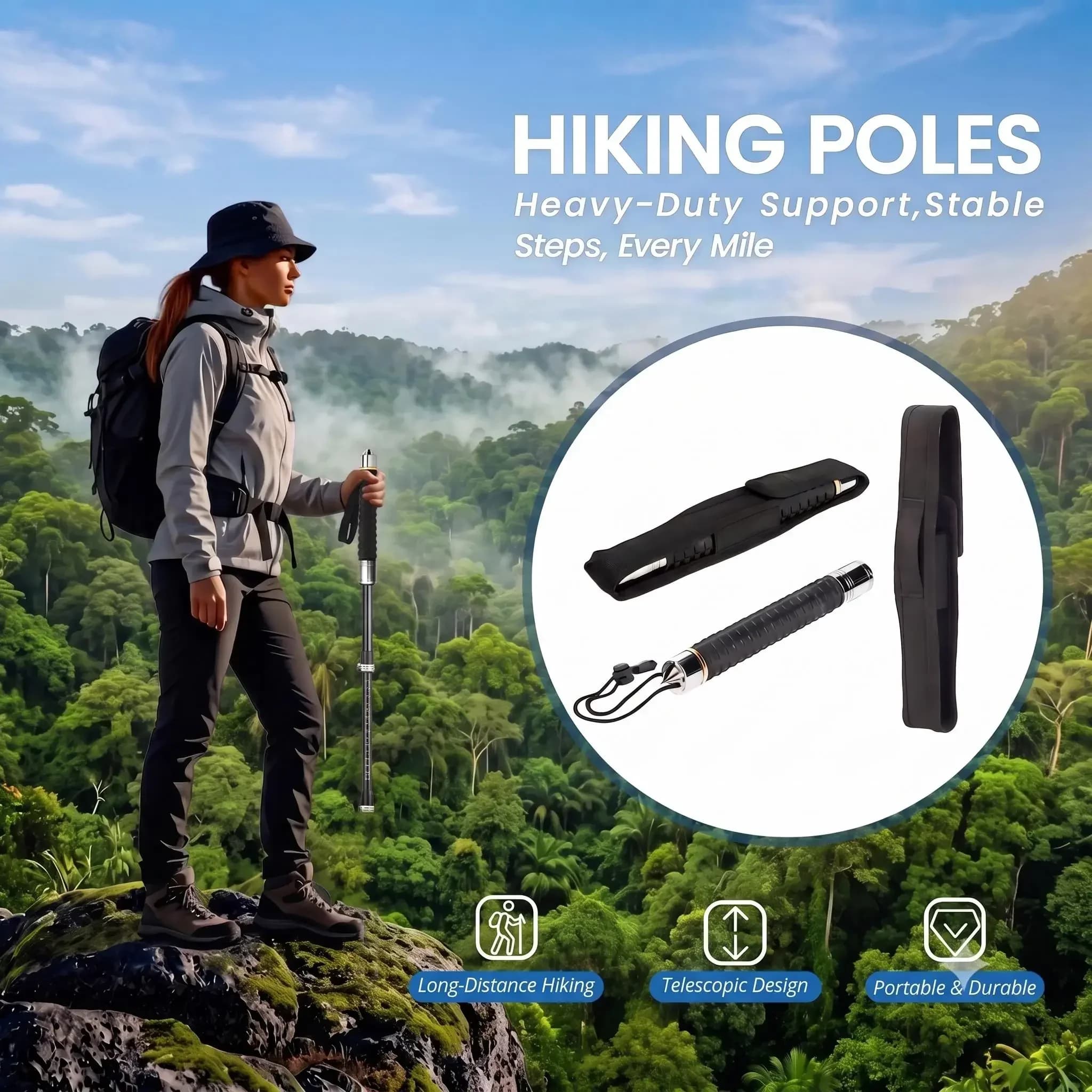 Telescopic Trekking Poles Heavy Duty Collapsible Walking Sticks Multifunctional Adjustable Hiking Canes Anti-Shock Alpenstocks for Outdoor Mountaineering Camping Climbing Backpacking