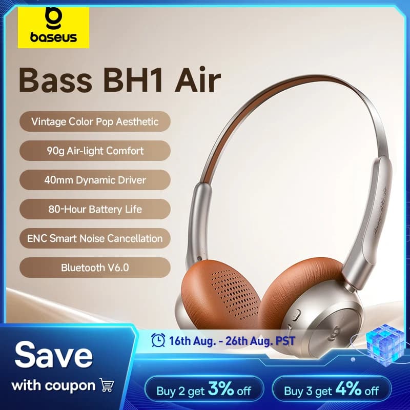 Wireless Baseus BH1 Air Bluetooth 6.0 Headphones with ENC Noise Cancellation, Read 90g, Over-Ear, 80 Hours Autonomy