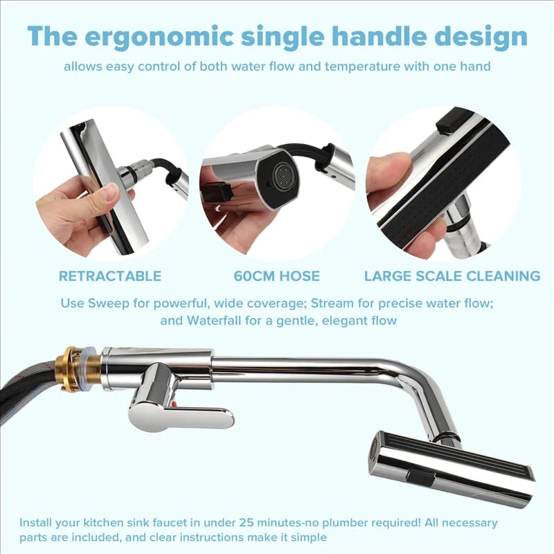 LICE-Flexible Hot And Cold Water Faucet, Pull Out Kitchen Sink Mixer With Stream Shower Mode, Deck Mounted Design