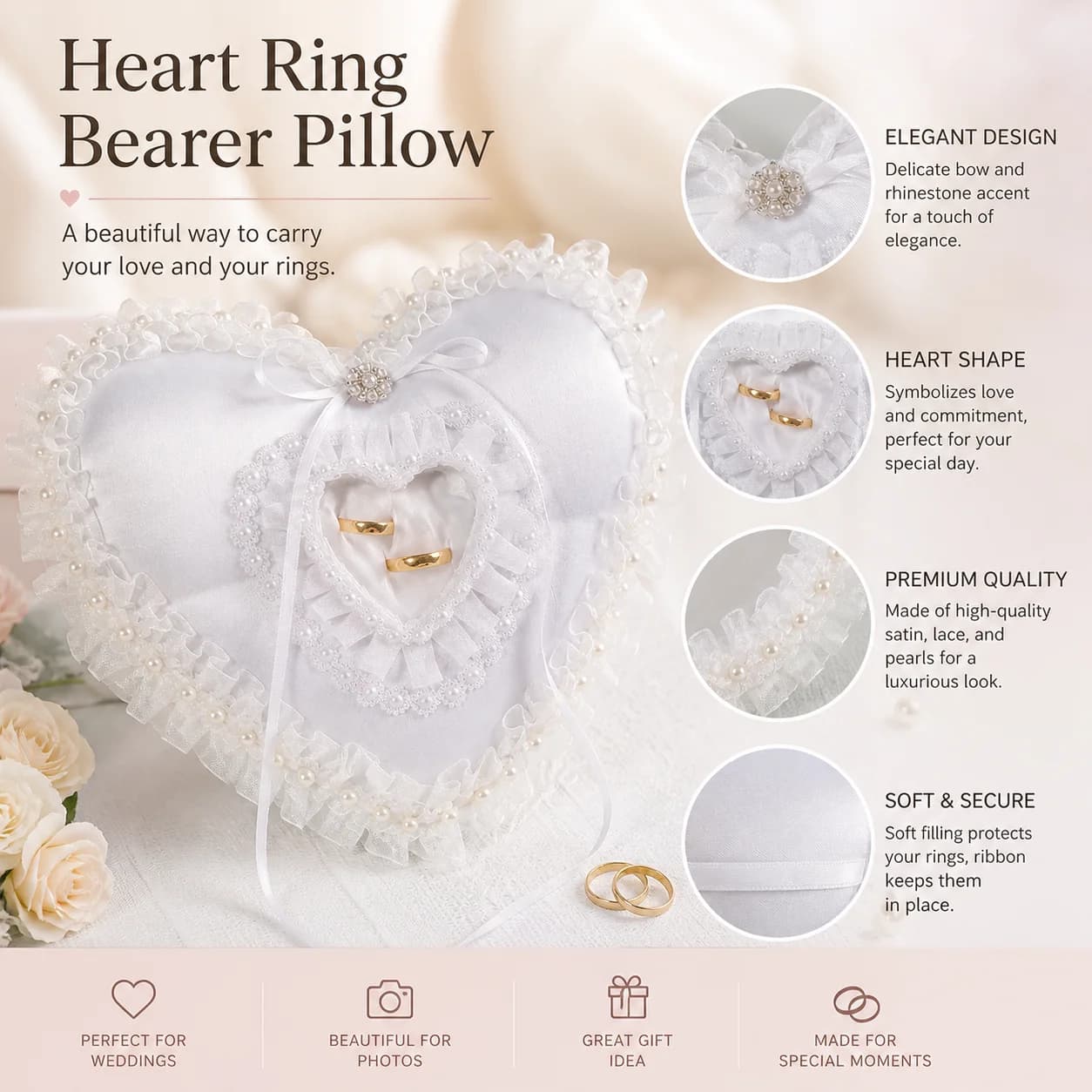 White Heart Shaped Wedding Ring Pillow Romantic Lace Pearl Satin Ring Bearer Cushion Bridal Ceremony Engagement Wedding Supplies