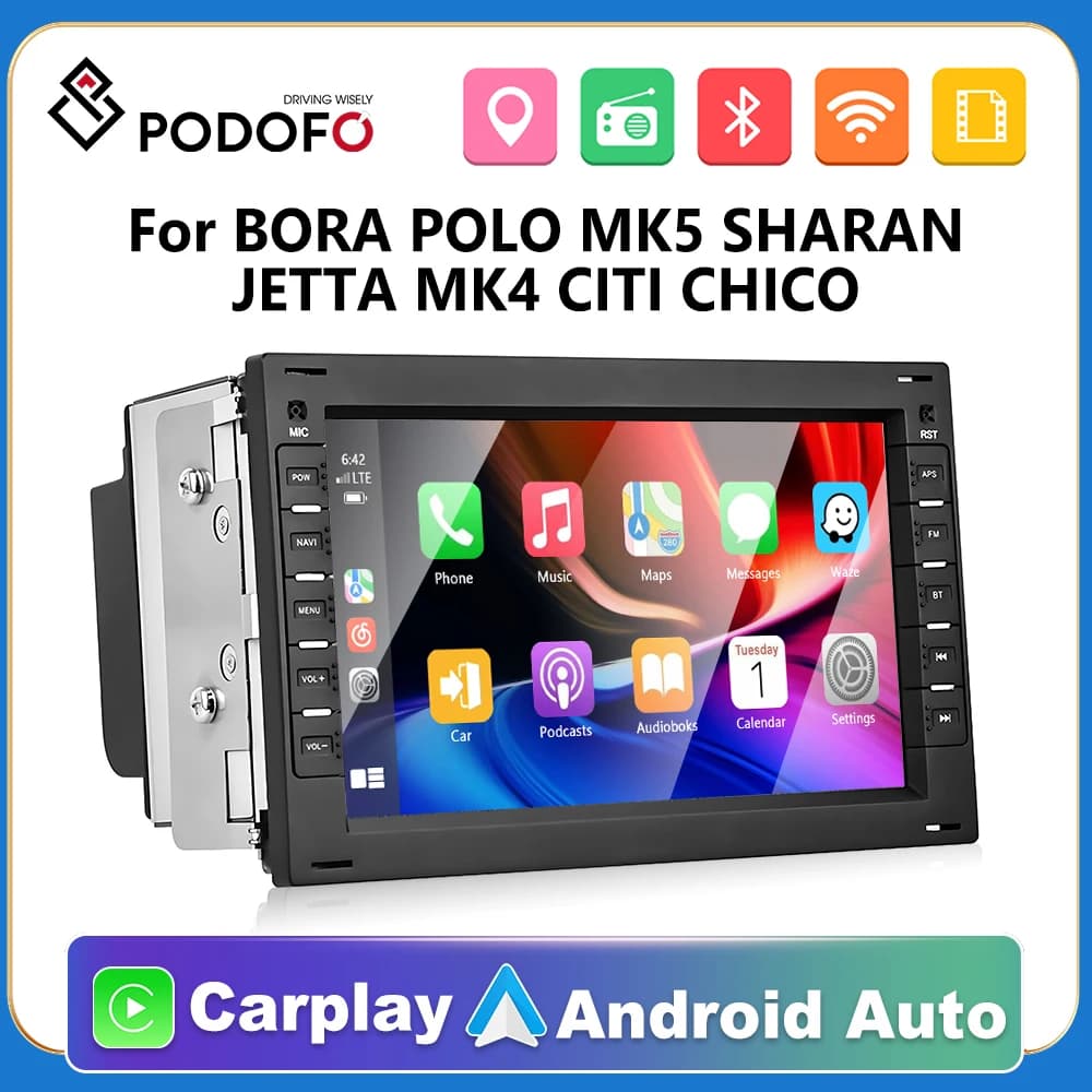 Podofo 2 Din CarPlay autoradio Android per VW Volkswagen T5 BORA POLO MK5 SHARAN JETTA MK4 CITI CHICO sistema intelligente Stereo