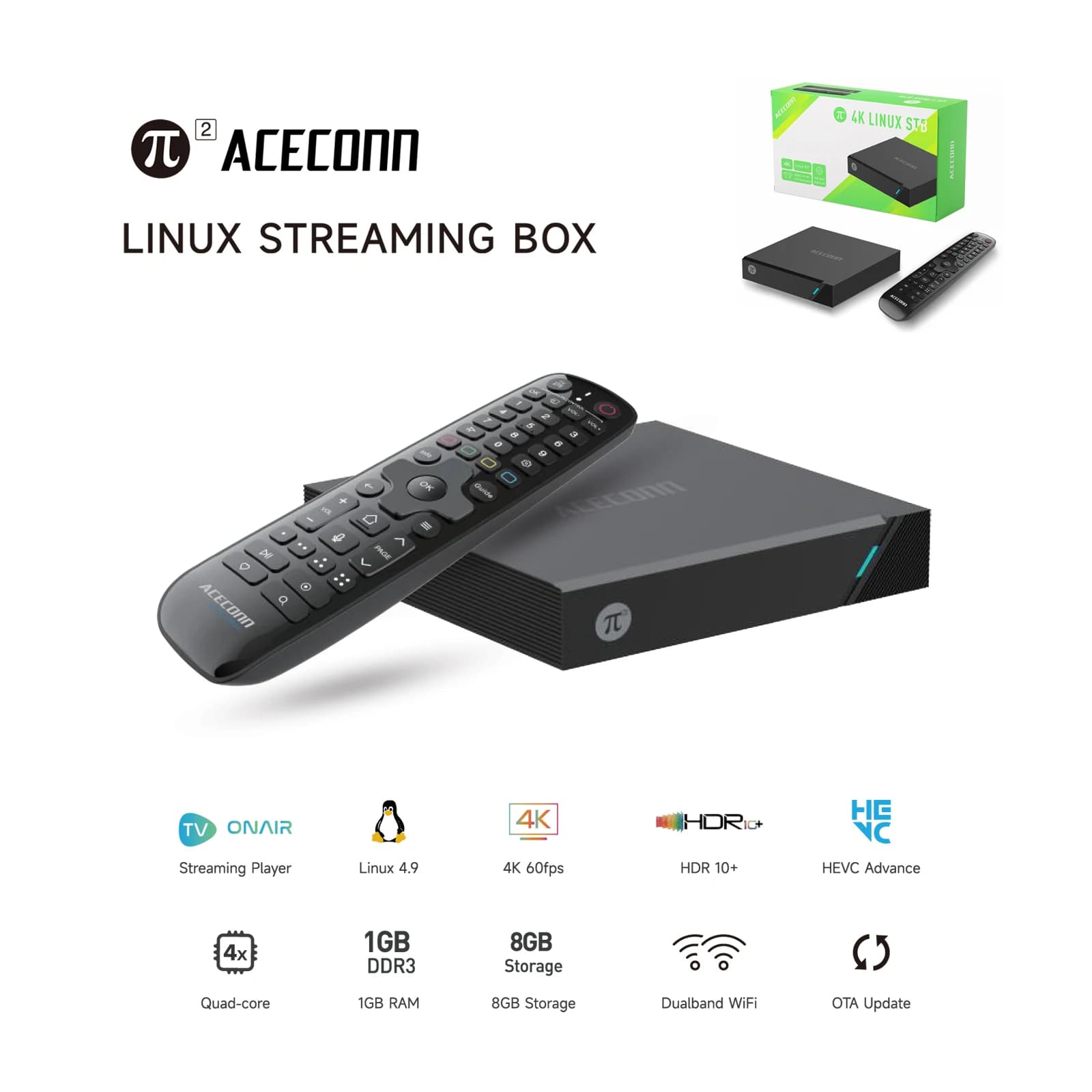 Pi2 Linux 4K HD Super Box IPTV TV Box STB Player ACECONN con decodifica completa del formato e telecomando programmabile