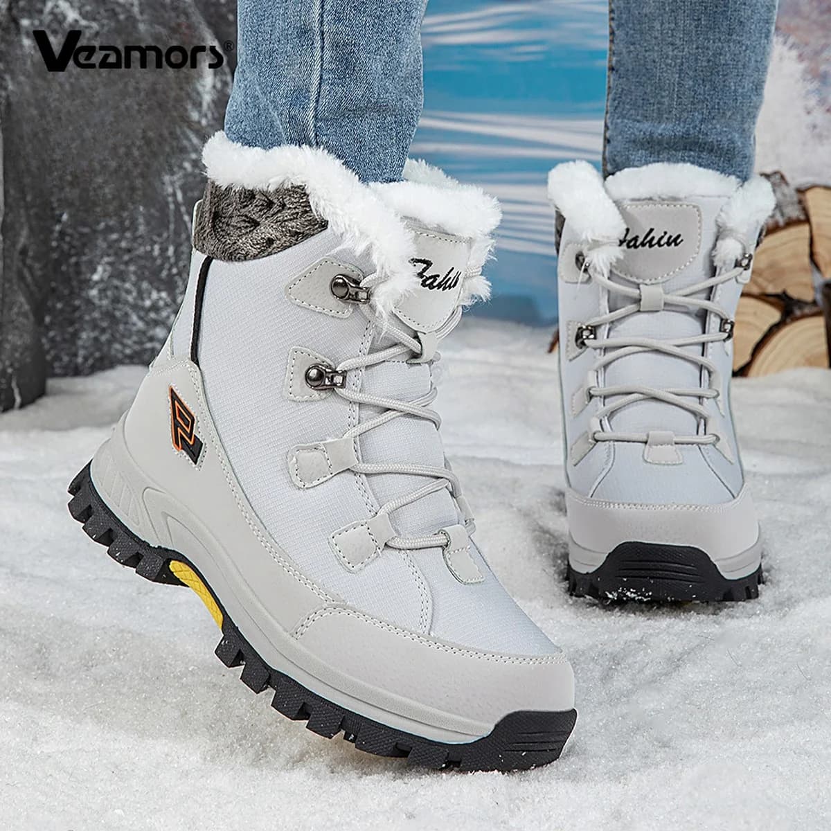 Women Winter Waterproof Snow Boots Plush Warm Short Ankle Boots Lace‑Up Non‑Slip Thick Sole Outdoor Hiking Cotton Shoes