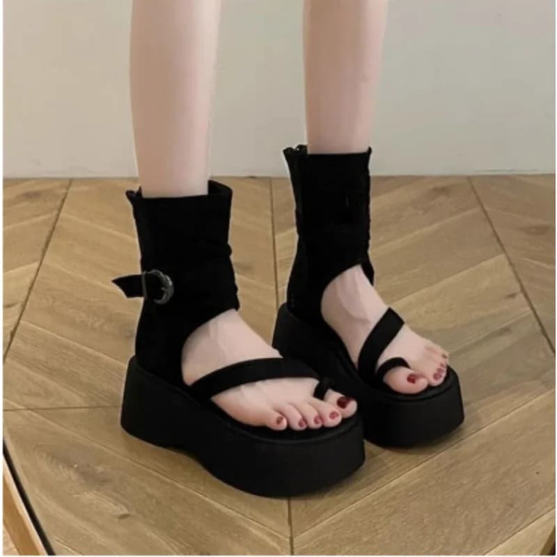 Women Summer Gothic Gladiator Platform Sandals Ladies Toe Ring Ankle Buckle Zipper Wedge Thick Sole Open Toe Street Party Shoes