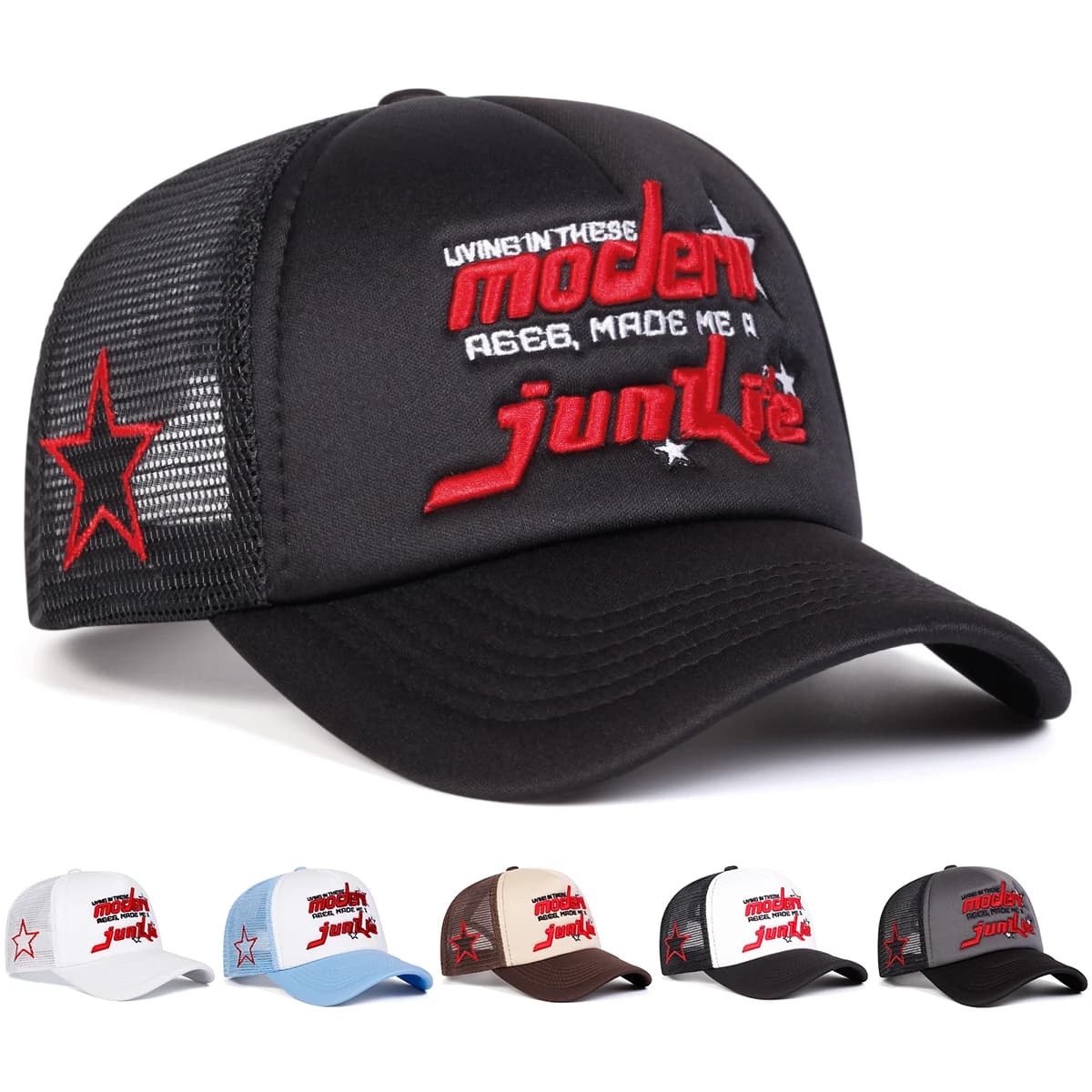 Unisex Letter Modern Junkie Embroidered Five Sided Hat Mesh Hat Adjustable Baseball Cap Trucker Hat Breathable Sun Protection Outdoor Hat